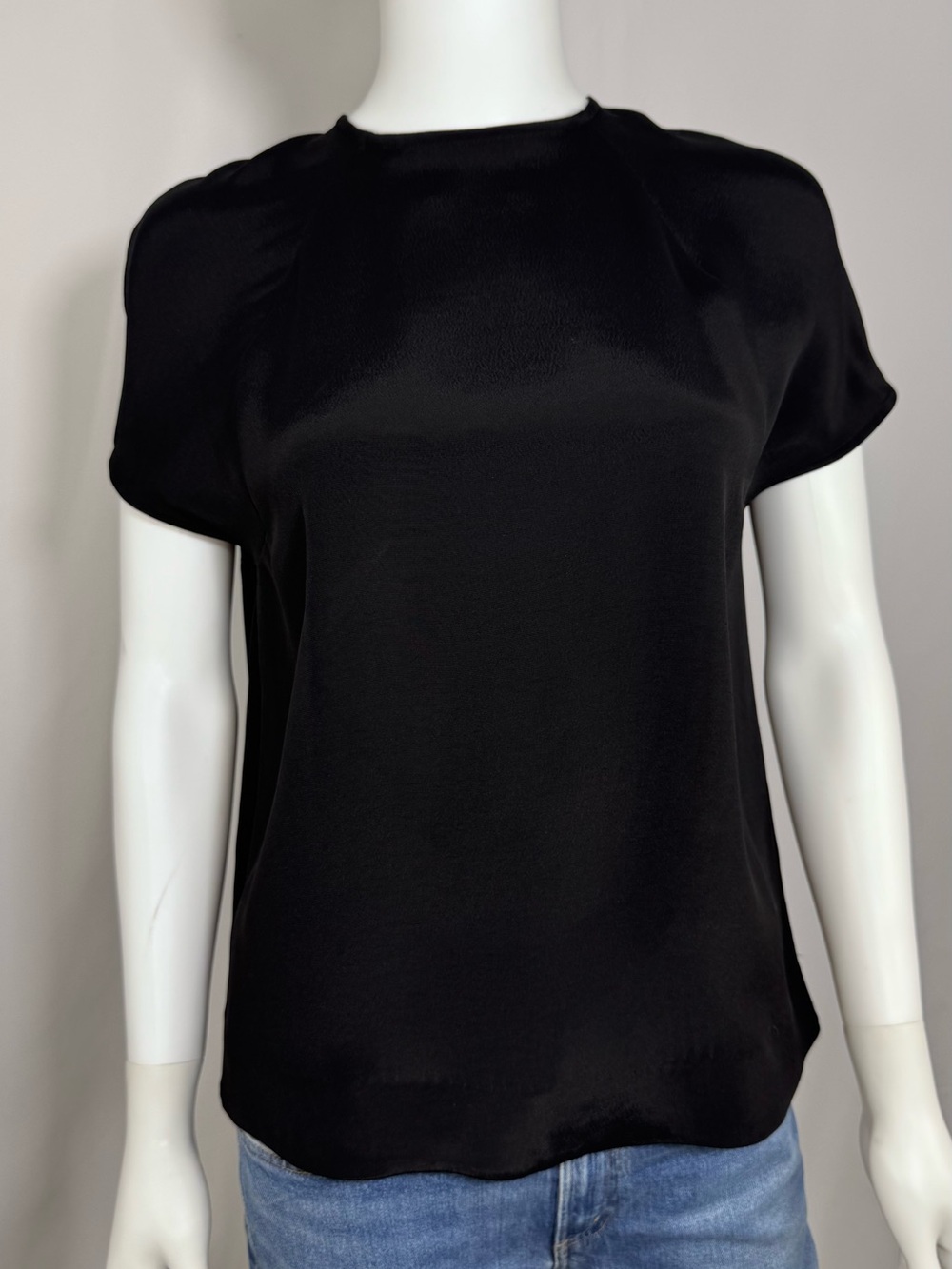 COS Black Satin Short Sleeve Blouse Top Silk Look Rayon Sz 2